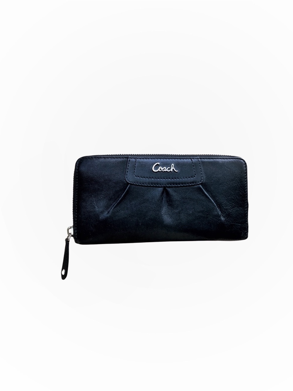 Coach Ashley Pleated Black Leather Zip Around Wallet Silver Logo Purple Lining